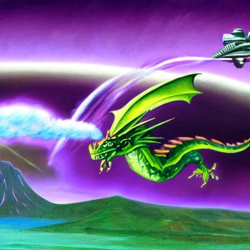 Image similar to a purple dragon blowing green fire fighting a retro spaceship with a volcano in the background, concept art by ken steacy