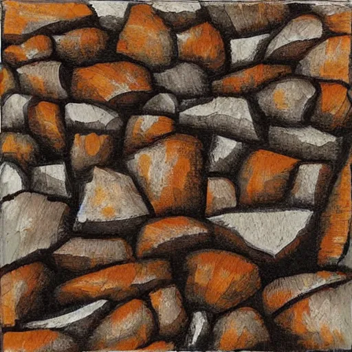 Image similar to masterpiece intricate abstract painting of hundreds of small square rocky shapes emerging in rich earthy tones. abstract quality with an engineered look. wind blown sketch lines. even light.