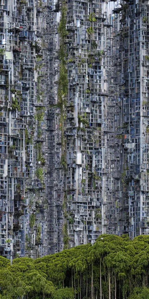 Prompt: a high contrast elevational photo by Andreas Gursky of tall and slender futuristic mixed-use towers emerging out of the ground. The rusty industrial towers are made of metal scaffolding and multicolored tarps. The mossy towers are covered with trees and ferns growing from scaffolding, floors, and balconies. The towers are bundled very close together and stand straight and tall. The towers have 100 floors with deep balconies and hanging plants. Cinematic composition, volumetric lighting, foggy morning light, architectural photography, 8k, megascans, vray.