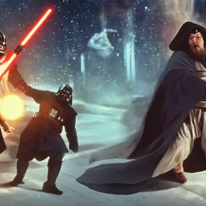 Image similar to obi wan kenobi but obese!! and overweight fighting a fat and obese darth vader, photoralistic rendering, movie still, screenshot, hyperdetailed