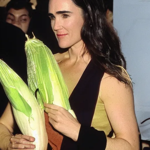 Prompt: jennifer connelly wearing a corn costume