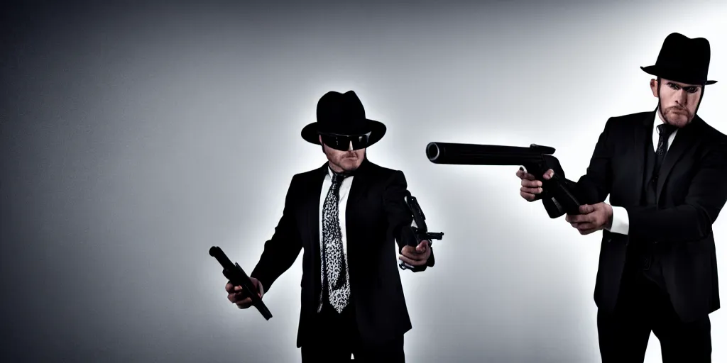Image similar to serious looking man in a black suit and black fedora hat. he has a big silver gun, 4 k, atmospheric, epic scene, strong shadows, high contrast