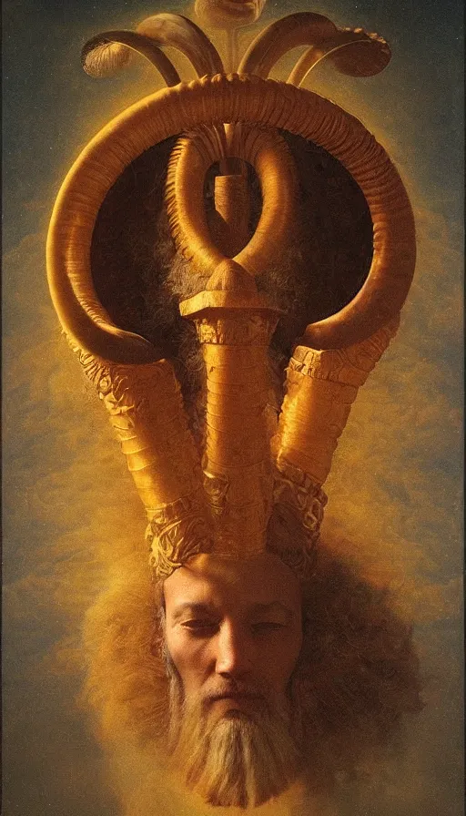 Image similar to the emperor, ram horns sprouting from his head, golden taurus, mars energy, ankh, wisdom, agostino arrivabene