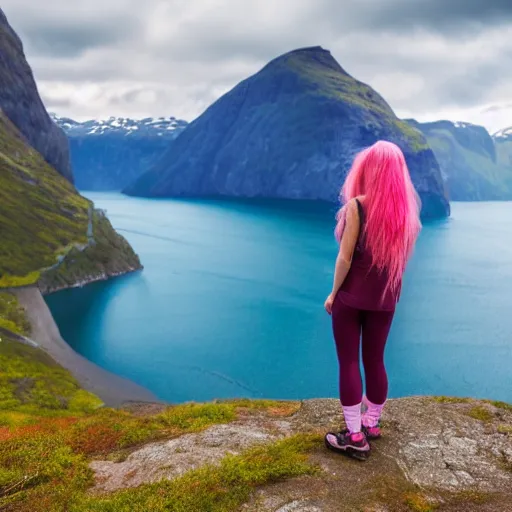 Image similar to a young woman with long pink hair looking at fjords, hiking clothes, tank top, norway, fjords in background, cinematic, beautiful, stunning, day time, epic, 8 k, 1 6 : 9