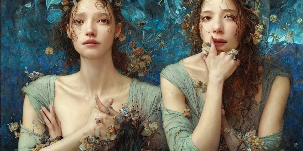Image similar to epic masterpiece full body portrait a woman crying, beautiful face and flawless skin, perfect hands by Edgar Maxence and Ross Tran and Michael Whelan