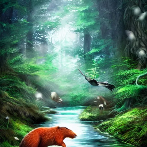 Prompt: animal life in the forest, river stream, predators and prey, vivid colors, realistic photo, environmental lighting, award - winning masterpiece photograph, cinematic view, studio ghibli, artgerm, high detail
