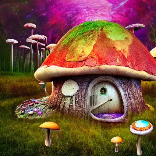 Image similar to Mushroom house, fairy, magical, mystical, psychedelic, realism, realistic, macrophotography, aerial veiw, 4k