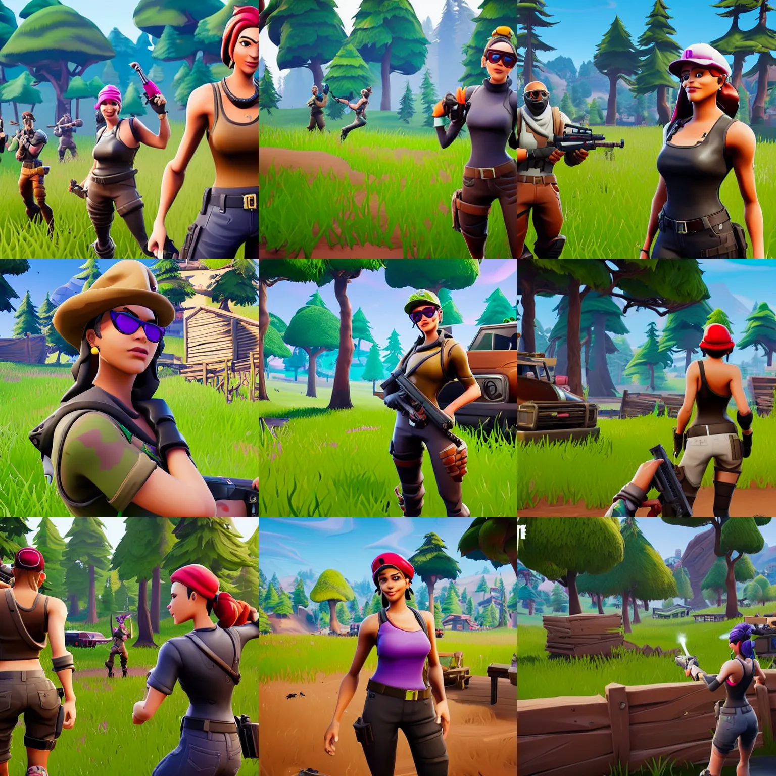 Prompt: Fortnite; I want to see a girl alone in the forest with short brown hairm, wearing a beret; sun glasses ; Fortnite