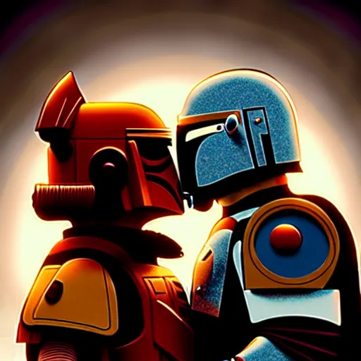 Image similar to mando from mandalorian kissing peter parking from family guy ultra realistic, lens flare, atmosphere, glow, detailed, intricate, full of colour, cinematic lighting, trending on artstation, 4 k, hyperrealistic, focused, extreme details, unreal engine 5, cinematic, masterpiece, ultra realistic, hyper realistic, highly detailed, sharp focus, digital art