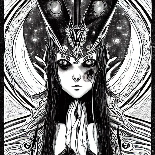 Prompt: precisely drawn illustration of anime spooky high priestess of an earth goddess, old-fashioned tarot card, victorian playing card, sepia tone, wide angle, sharp, fine details, anime, manga, cyberpunk, intense line art, 8k, precise linework, realistic, shaded lighting by katsuhiro otomo ghost-in-the-shell, magali villeneuve, artgerm, rutkowski Jeremy Lipkin and Giuseppe Dangelico Pino and Michael Garmash and Rob Rey