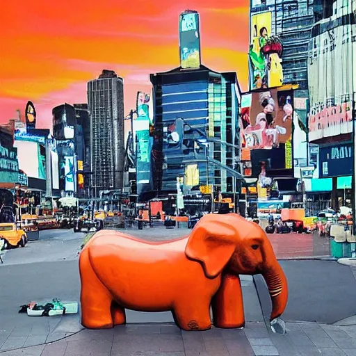 Prompt: an orange elephant on a skateboard in times square at sunset