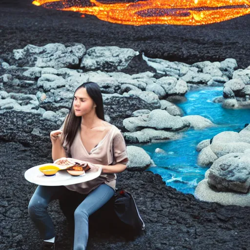 Image similar to a DSLR of a woman having breakfast next to a river of Lava, 4K