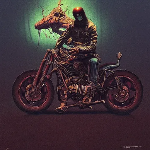 Image similar to motorbiker from hell, by beksinski and tristan eaton, dark neon trimmed beautiful dystopian digital art