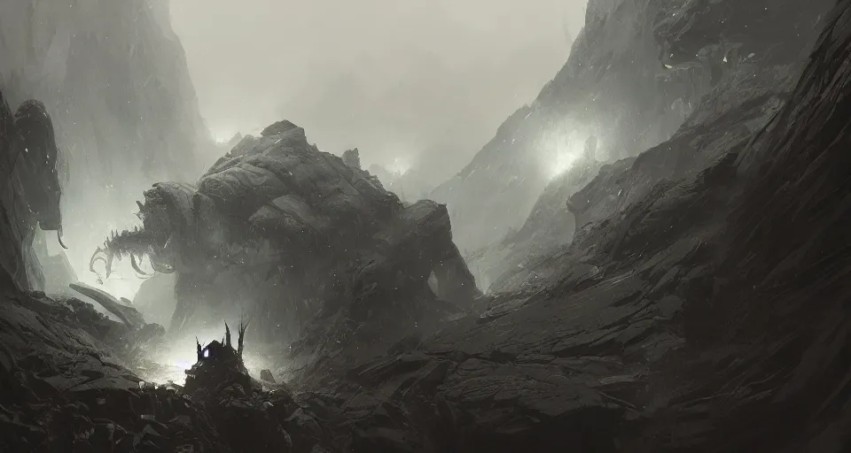 Prompt: a giant shapeless eldritch horror crawling across a misty mountainous landscape, dramatic lighting, illustration by greg rutkowski, yoji shinkawa, 4 k, digital art, concept art, trending on artstation