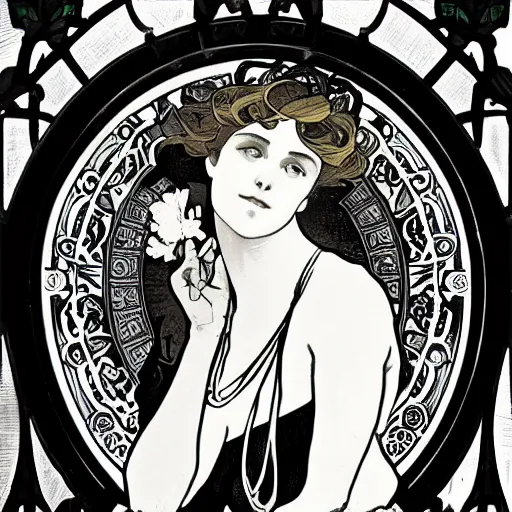 Image similar to black and white illustration by alphonse mucha 8k