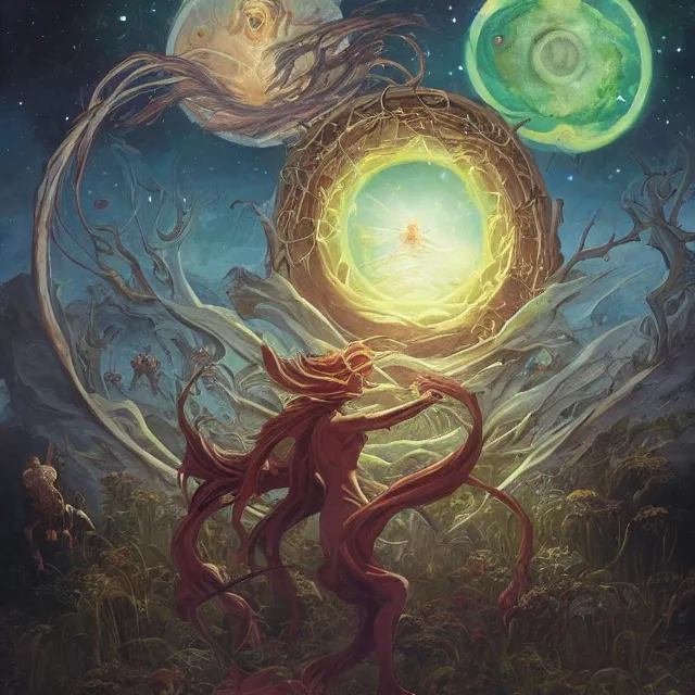 Prompt: a circle of druids conjuring the cosmos into existence by greg rutkowski and frank frazetta and peter mohrbacher and william blake and dan mumford