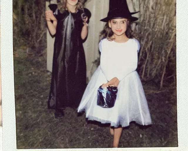 Image similar to natalie portman at age 7 dressed as a witch to go trick or treating, polaroid, cdx
