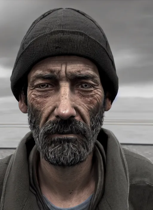 Prompt: portrait of homeless person ; tired and sad ; unreal engine ; wide angle ; photorealistic ; highly detailed