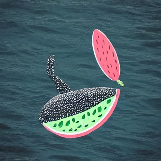 Image similar to “Watermelon whale with Harry Styles riding it”