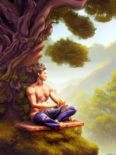 Image similar to a grumphy man, legs and arms crossed, sitting under a bodhi tree. intricate, elegant, highly detailed, digital painting, artstation, concept art, sharp focus, illustration, by justin gerard and artgerm, 8 k