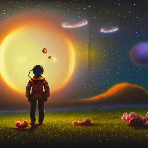 Prompt: AN 8K RESOLUTION MATTE PAINTING OF A BLACK BOY DRESSED LIKE AN ASTRONAUT IN A FIELD OF COTTON CANDY WITH FIREFLIES AT SUNSET, BY CHRIS LEIB AND Alan Bean and Agostino Arrivabene in a surreal style. Vibrant, VIVID COLORS, retro scifi, ASTROPHOTOGRAPHY,             retroscifi, synthwave