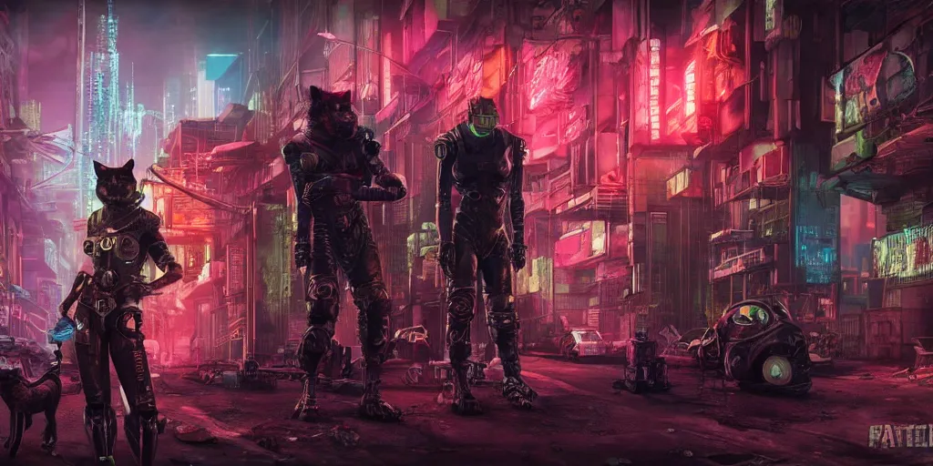 Image similar to cyberpunk cat gang, fallout 5, studio lighting, deep colors, apocalyptic setting, sneak peak