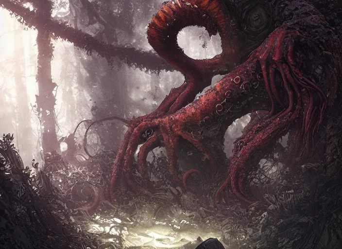 Prompt: my bed in the night dark room is a forest with a giant cthulhu in the dark by anna nikonova aka newmilky, greg rutkowski, yoji shinkawa, yoshitaka amano, tsutomu niehi, moebius, donato giancola, trending on artstation, featured on pixiv, cinematic composition