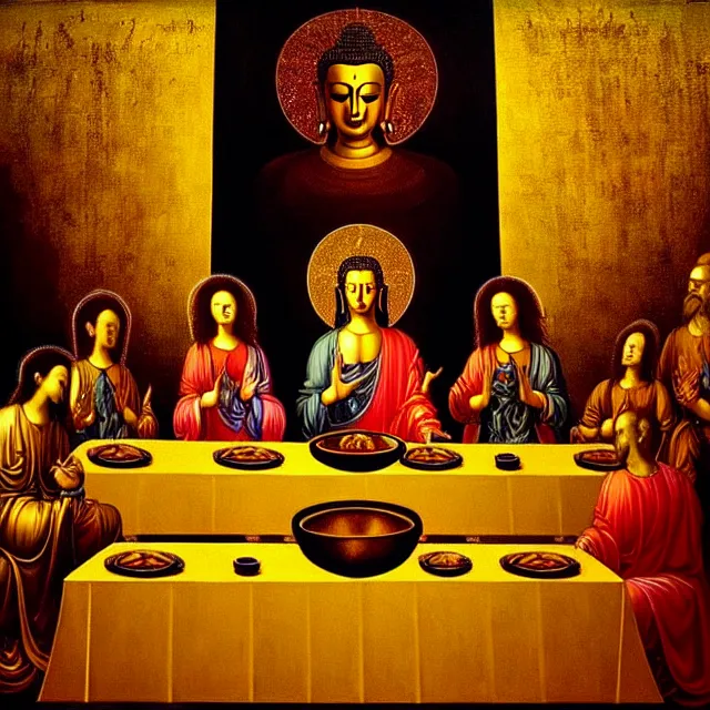 Image similar to a beautiful painting cyberpunk gold buddha the last supper, by leonardo da vinci realistic oil painting