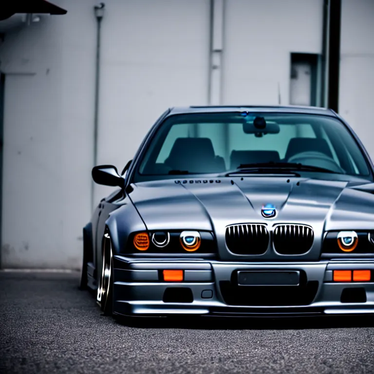 Prompt: close-up-photo BMW E36 illegal meet, cambered wheels, Saitama prefecture, misty midnight, cinematic color, photorealistic, high detailed wheels, highly detailed, custom headlights