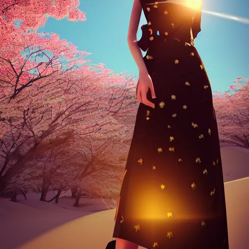 Image similar to innovative avant-garde art, deco fashion, japanese women, cherry blossom theme, highly detailed, photorealistic portrait, serene desert setting, golden hour, crisp quality and light reflections, unreal engine 5 quality render