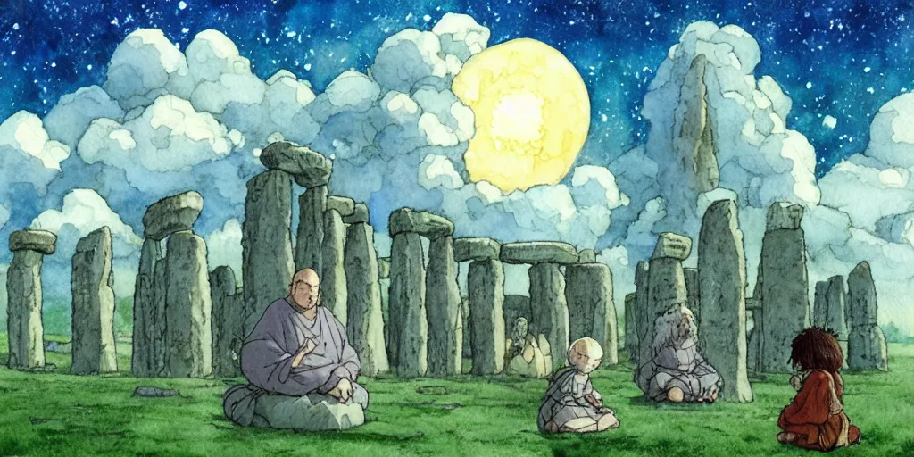 Image similar to a hyperrealist studio ghibli watercolor fantasy concept art of a giant long haired medieval monk with his heads down in lotus position in stonehenge with a starry sky in the background. a giant rocket ship from independence day ( 1 9 9 6 ) is floating in the air. by rebecca guay, michael kaluta, charles vess