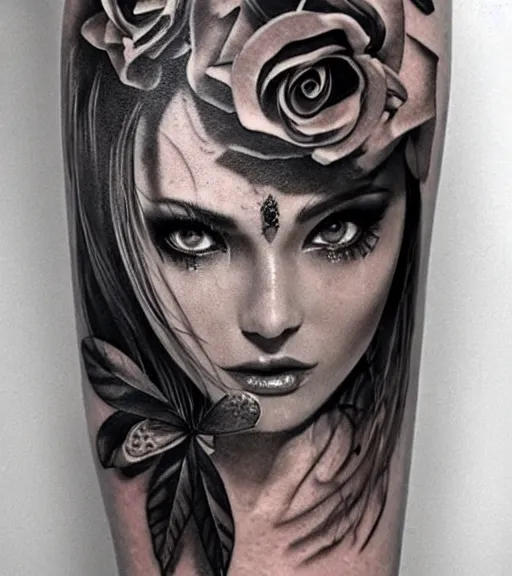 Image similar to tattoo design on white background of a beautiful girl warrior, roses, hyper realistic, realism tattoo, by eliot kohek, beautiful eyes, realistic face, black and white