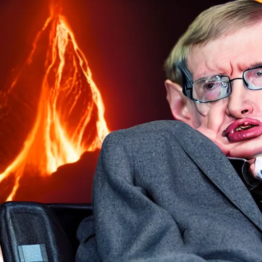 Image similar to stephen hawking in a volcano, photography,