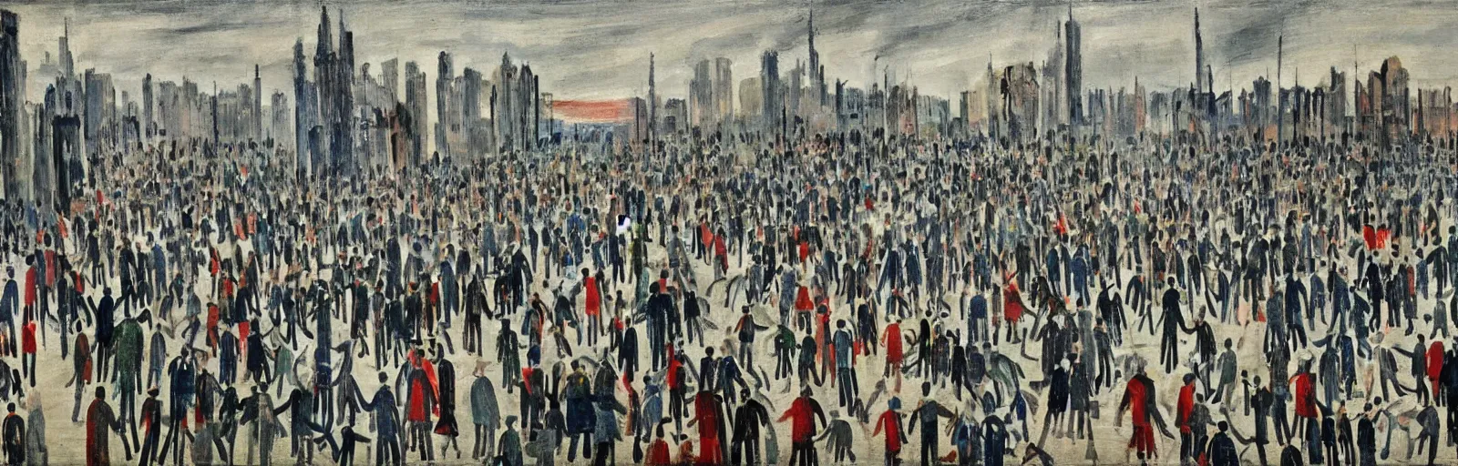 Prompt: a beautiful painting by l s lowry except all the miners are batman