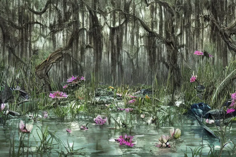 Image similar to hyperrealism, scene from louisiana swamps, starship, spring blooming flowers garden, true detective, 8 0 s japanese sci - fi books art