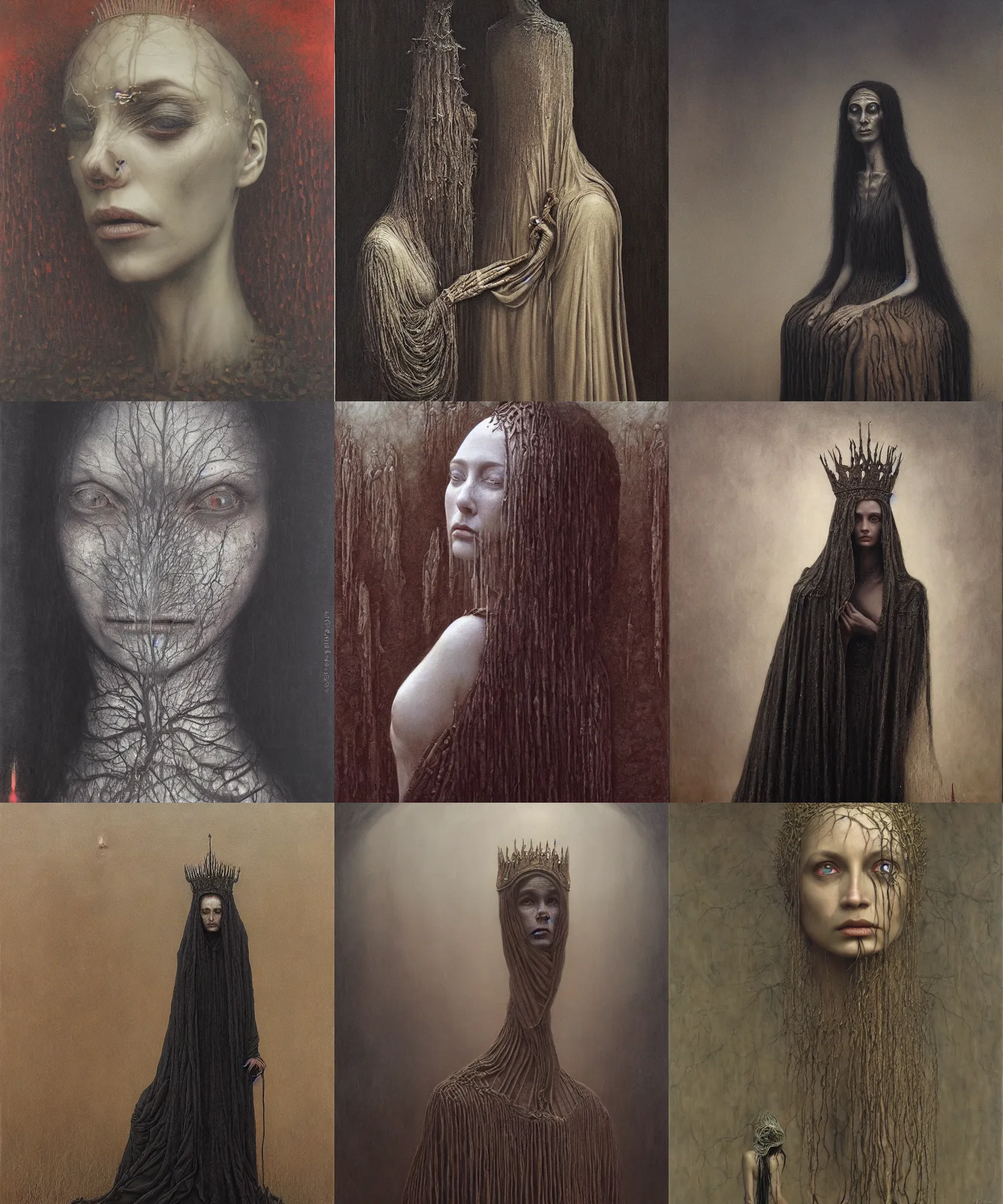 Prompt: The portrait of Lady in black wax crown by Beksinski, Alex Grey, Aron Wiesenfeld and Giger, dark fantasy, witcher, very detailed oil painting in the alla prima style, masterpiece, 8k