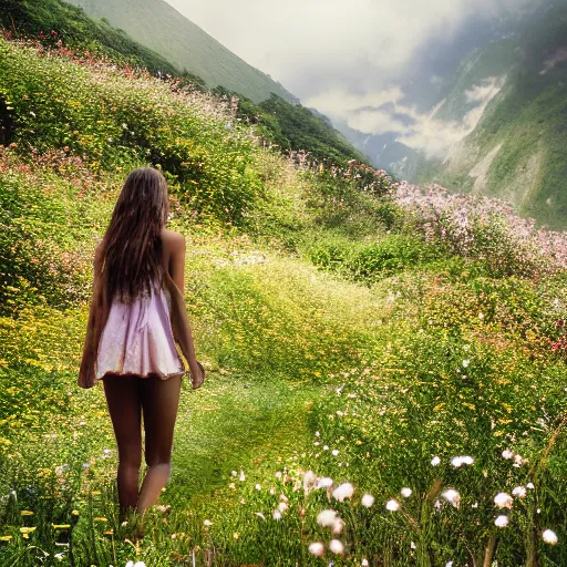 Prompt: girl! walking thru the valley of flowers! near the sea! of dreams by quentin mabille