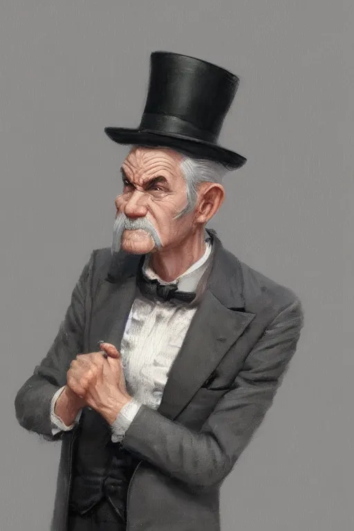 Image similar to a grey hair ageing halfling short with stubble top hat and suit by Greg Rutkowski, painting, HD, high details, trending on artstation