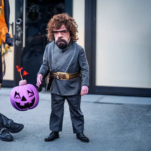 Image similar to peter dinklage trick or treating on halloween, ( sony a 7 r iv, symmetric balance, polarizing filter, photolab, lightroom, 4 k, dolby vision, photography awardm, voque, perfect face )