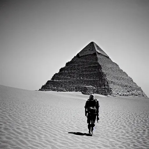 Image similar to a heavily armored man wearing a gasmask, walking over sand dunes, pyramid in background, film still, arriflex 3 5