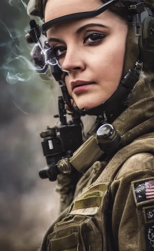 Prompt: portrait photo of a female drone operator, highly detailed, smoke and dirt in the background, high resolution, cosplay photo, stunning, girls frontline style, bokeh soft, shot on 7 0 mm, zenithal lightning, trending on instagram, by award winning photographer, realistic human anatomy, real human faces, realistic military carrier, soldier clothing, modern warfare