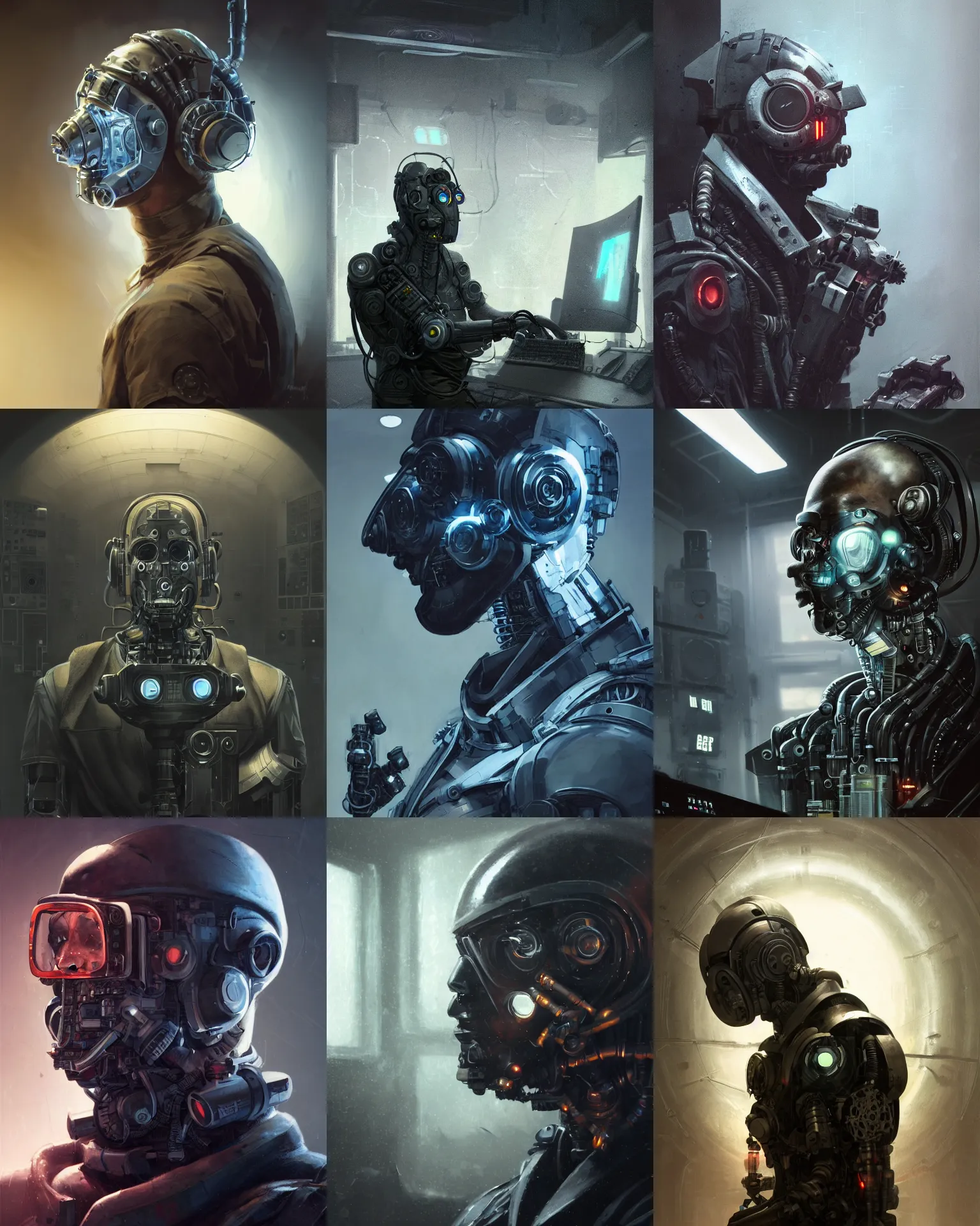 Prompt: a masked rugged engineer man with cybernetic enhancements in a control room, scifi character portrait by greg rutkowski, esuthio, craig mullins, 1 / 4 headshot, cinematic lighting, dystopian scifi gear, gloomy, profile picture, mechanical, half robot, implants, dieselpunk