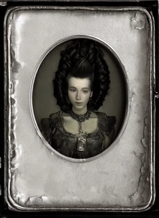 Image similar to old wetplate daguerreotype frame portrait of a futuristic silver armored young looking marie antoinette cyborg, fractal, intricate, elegant, highly detailed, subsurface scattering, by jheronimus bosch and greg rutkowski and louis jacques mande daguerre