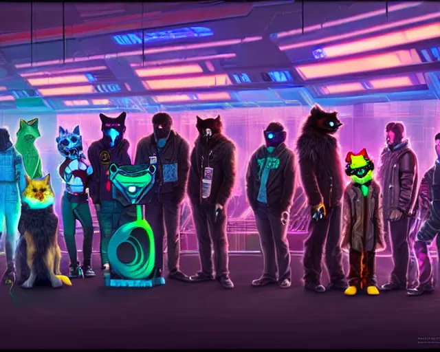 Image similar to high - resolution photograph from a cyberpunk era furry fandom convention ( midwest furfest 2 0 4 7 ), taking place after the genetic revolution and quantum singularity. photorealistic.