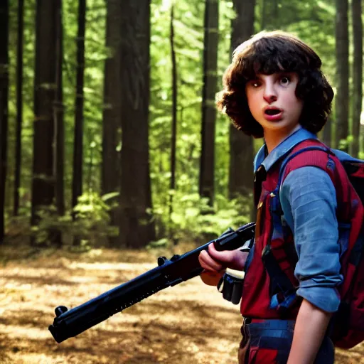 Image similar to Finn Wolfhard (Mike Wheeler) for Stranger Things holding a gun and running in a forest, dramatic lighting, cinematic, establishing shot, extremely high detail, photo realistic, cinematic lighting