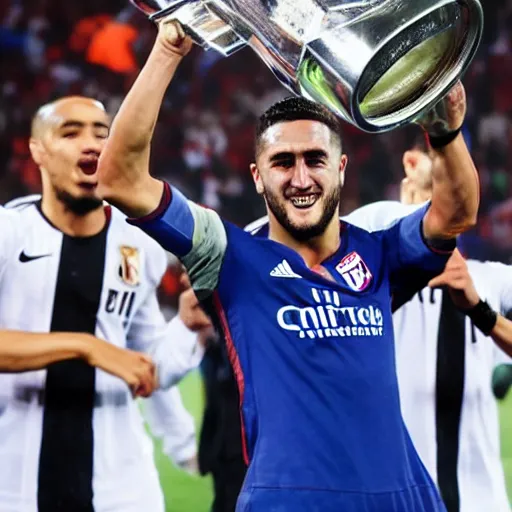 Image similar to high quality front picture of koke resurreccion lifting the champions league throphy with at madrid