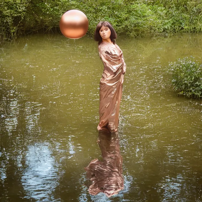 Image similar to a closeup portrait of a woman wrapped in plastic, standing next to a levitating copper orb, in a pond, color photograph, by vincent desiderio, canon eos c 3 0 0, ƒ 1. 8, 3 5 mm, 8 k, medium - format print