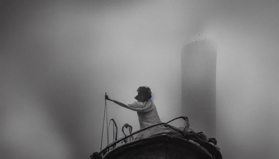 Prompt: movie still by tarkovsky of a man in white drapery in a blood barque on a river next to a spherical high - rise, leica sl 2 5 0 mm b & w, heavy grain, high quality, high detail, fog, mud