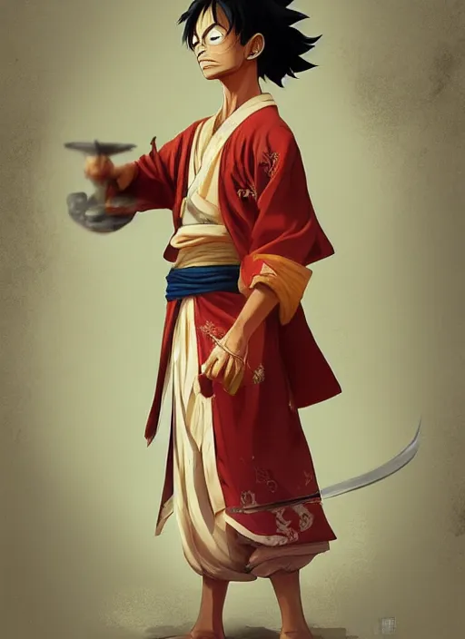 Prompt: a portrait of Luffy if he was real, wearing a traditional samurai dress, serious stance, intricate, highly detailed, digital painting, artstation, concept art, smooth, sharp focus, illustration, art by Charlie Bowater and Gustave Baumann, matte painting