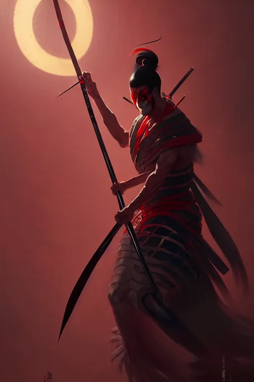 Prompt: portrait of a mad kabuki warrior wielding a spear, visible aura of madness distorting the surroundings, occult details, greg rutkowski style, high quality, 8 k,